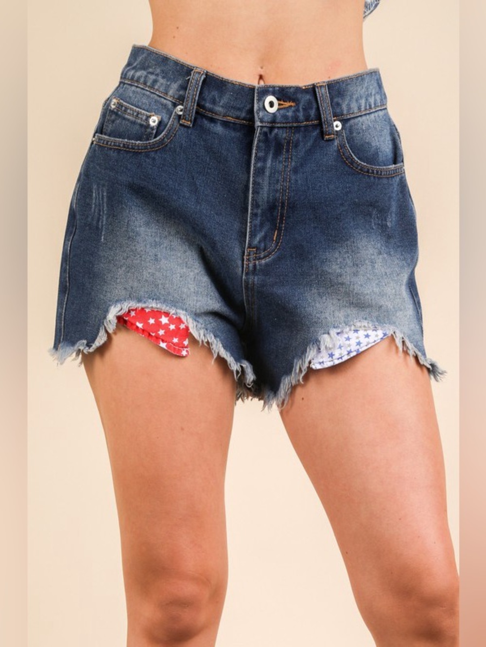 VERY J Raw Hem Pocketed Contrast Washed Denim Shorts